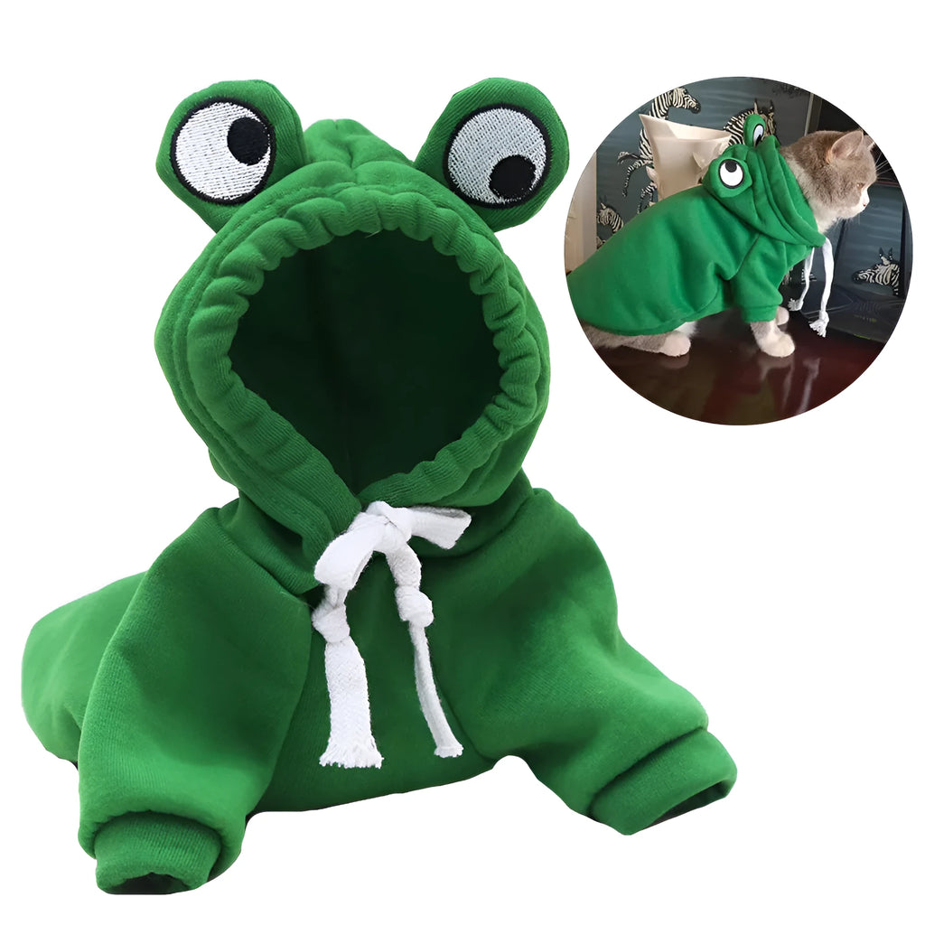 Green frog costume hoodie on small dog showing frog pattern design and hoodie style
