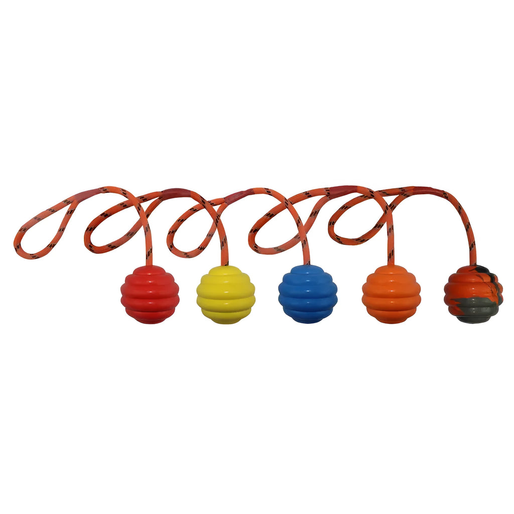Rubber pet training ball with rope knot texture in multiple colour options