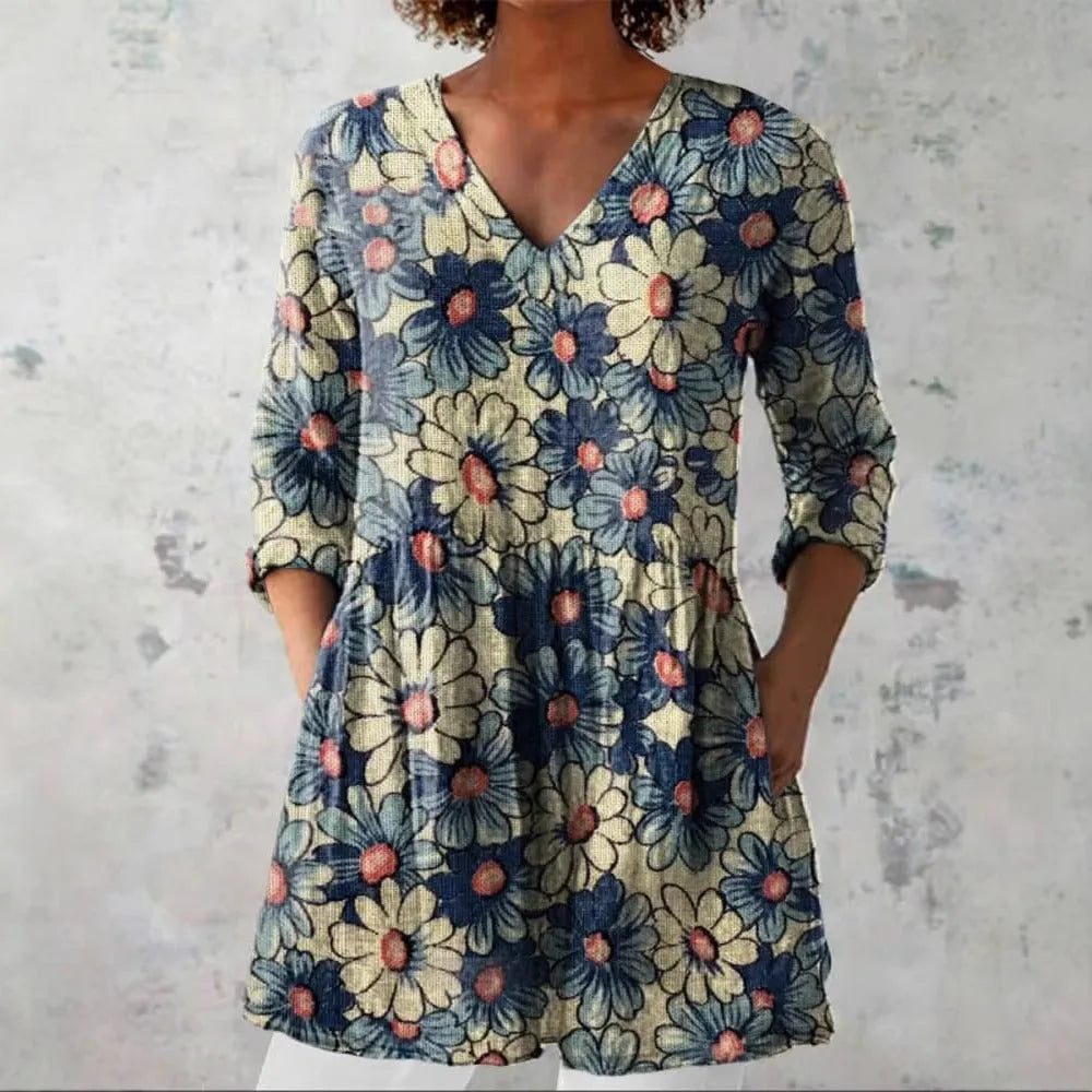 Women's retro slim fit long-sleeved top with digital printing, available in multiple colours.