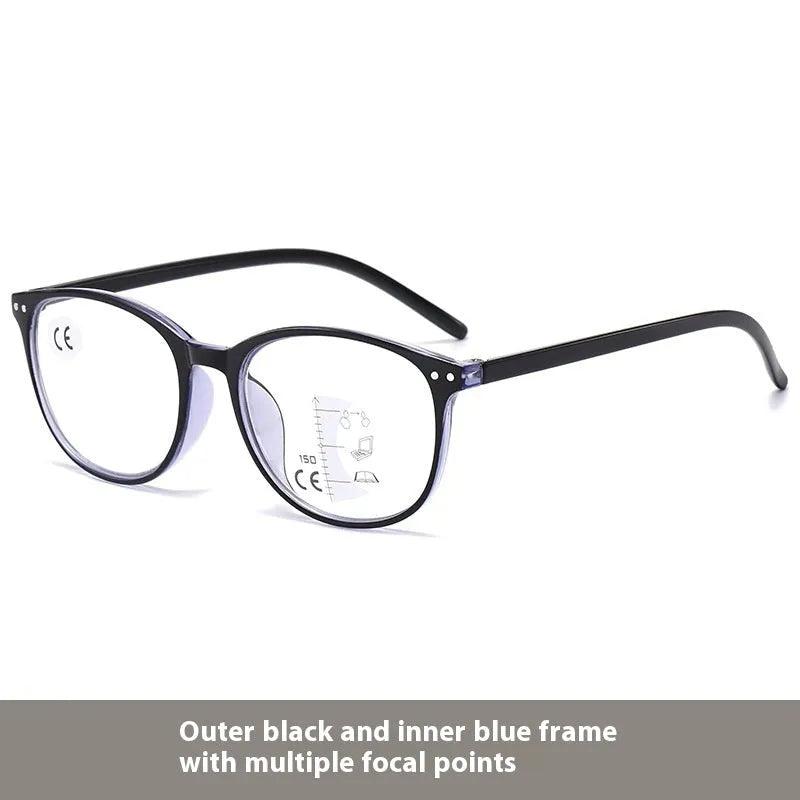 A pair of women's ultra-light multi-focus presbyopic glasses with a choice of frame colours on a plain background.