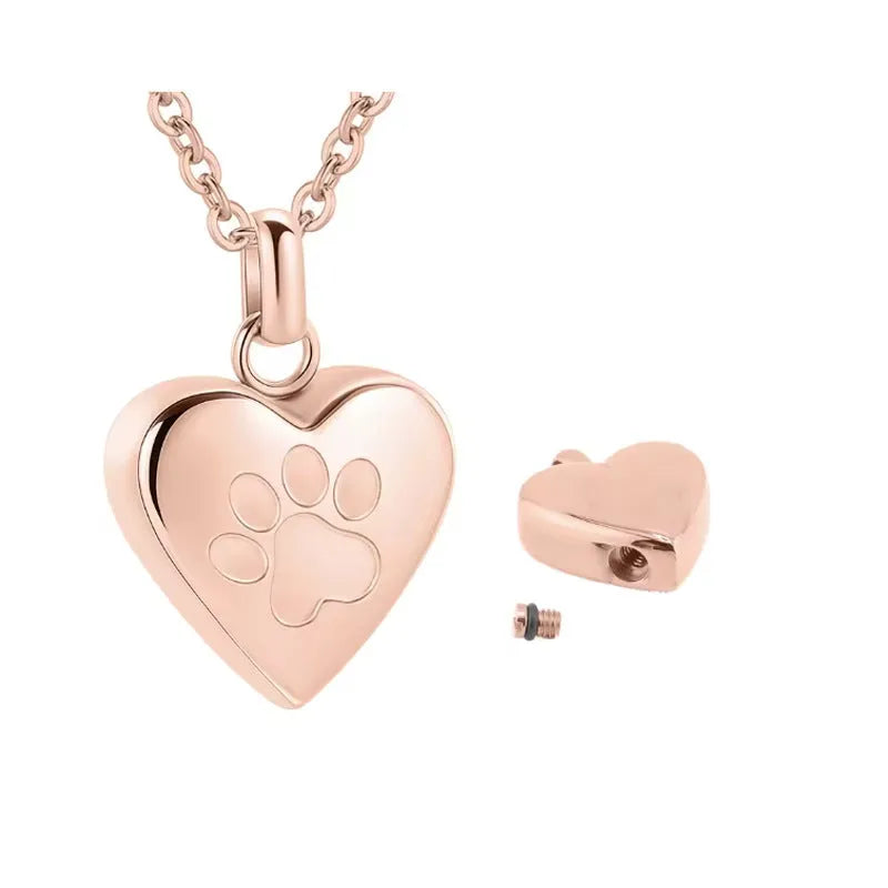 Openable heart-shaped titanium steel cinerary necklace with a love paw print design.