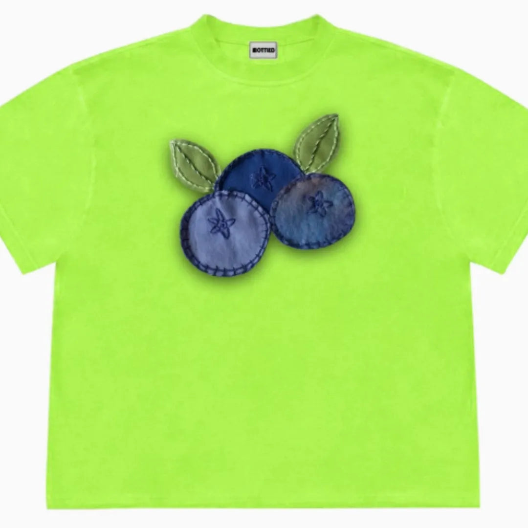 Blueberry patchwork short sleeve t-shirt in ice oxygen cotton, shown in dark coffee colour with plant and flower pattern.