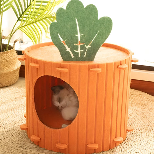 Carrot-shaped felt cat tunnel nest in semi-enclosed design showing M and L size options