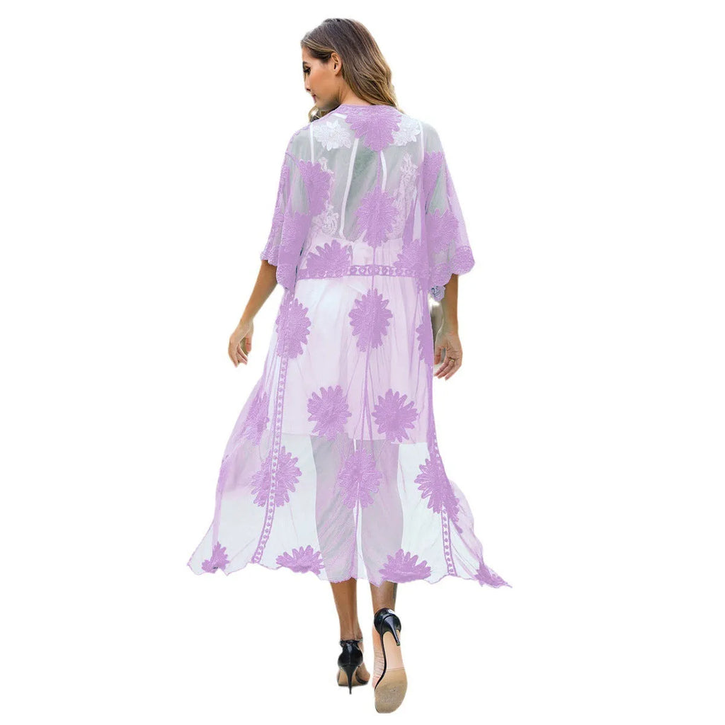 Light purple beach cardigan with lace embroidery detail, shown as beachwear cover-up