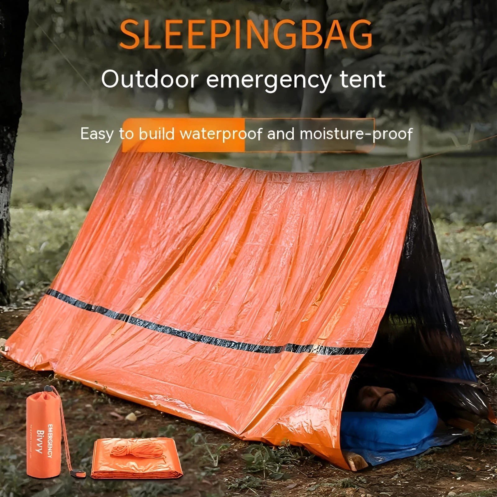 Orange portable disaster relief tent and sleeping bag kit set up outdoors.