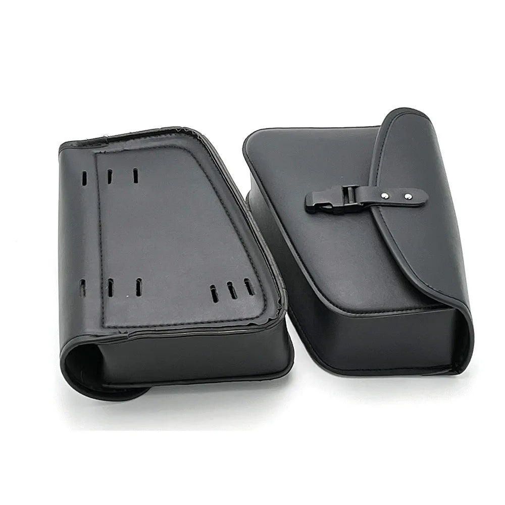 Black PU leather motorcycle swingarm saddlebag mounted on Sportster side showing 30x24x20cm dimensions