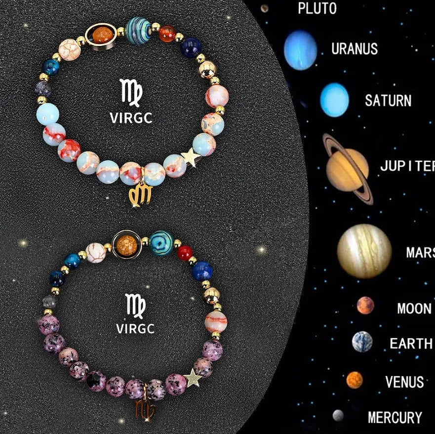 Two natural stone zodiac bracelets showing twelve different astrological styles on a neutral background