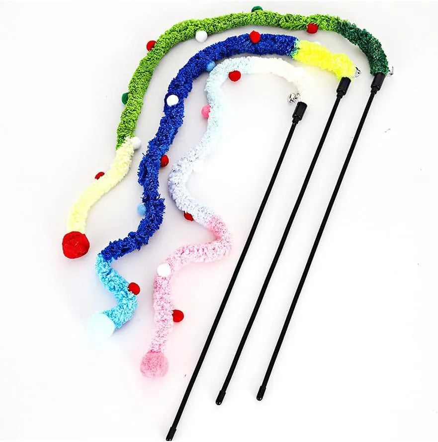 Blue cat wand toy with plush strip and bell, showing 41cm pole and 60cm strip dimensions