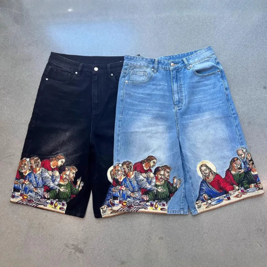 Men's blue cotton shorts with Jesus printed design on back pocket showing tapered fit