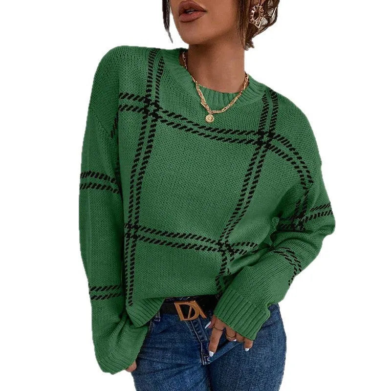 Women's casual plaid colour-block acrylic pullover sweater in loose fit with regular sleeves