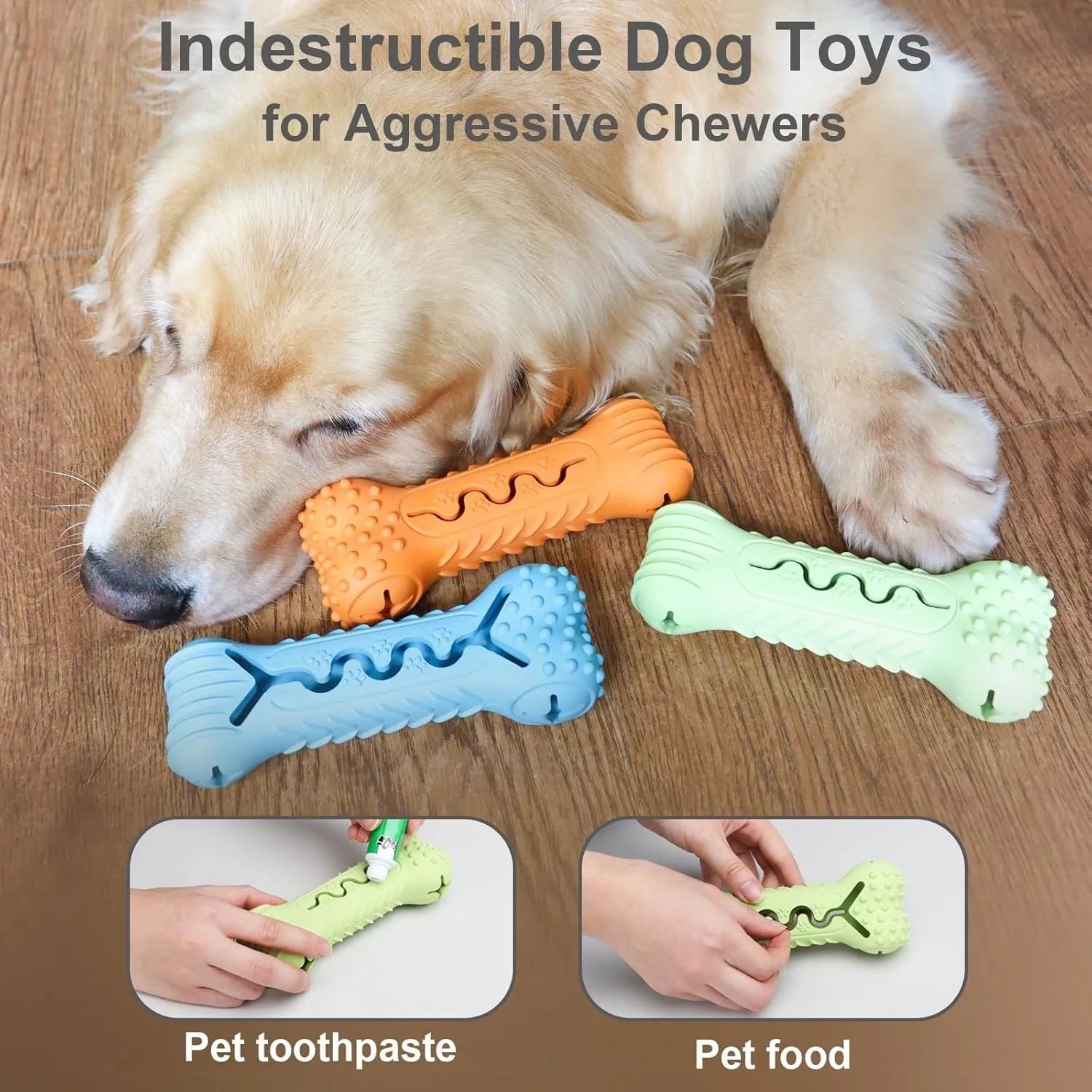 Blue natural rubber bone-shaped dog chew toy with textured surface for teeth cleaning.