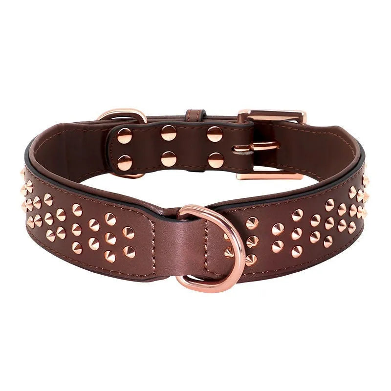 Leather dog collar with flat metal rivets in black, chocolate or pink for bite protection