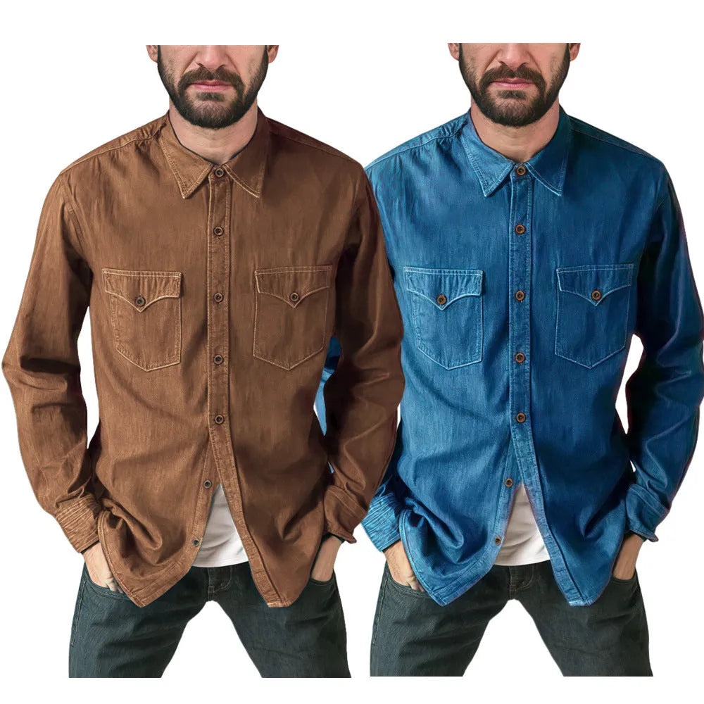 Men's cotton denim cardigan coat in regular fit, shown in khaki colour.