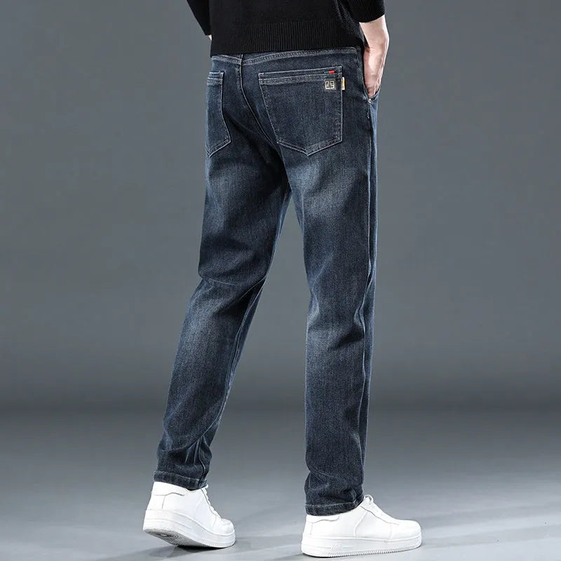 Slim straight casual trousers in polyester with micro elasticity and zipper fly