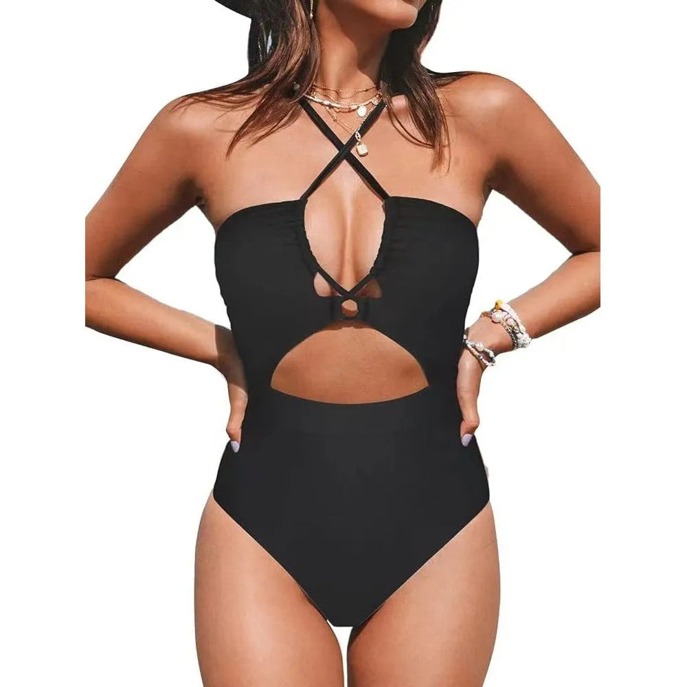 Women's solid colour one-piece swimsuit with cross body and backless design in black wine red or peacock blue