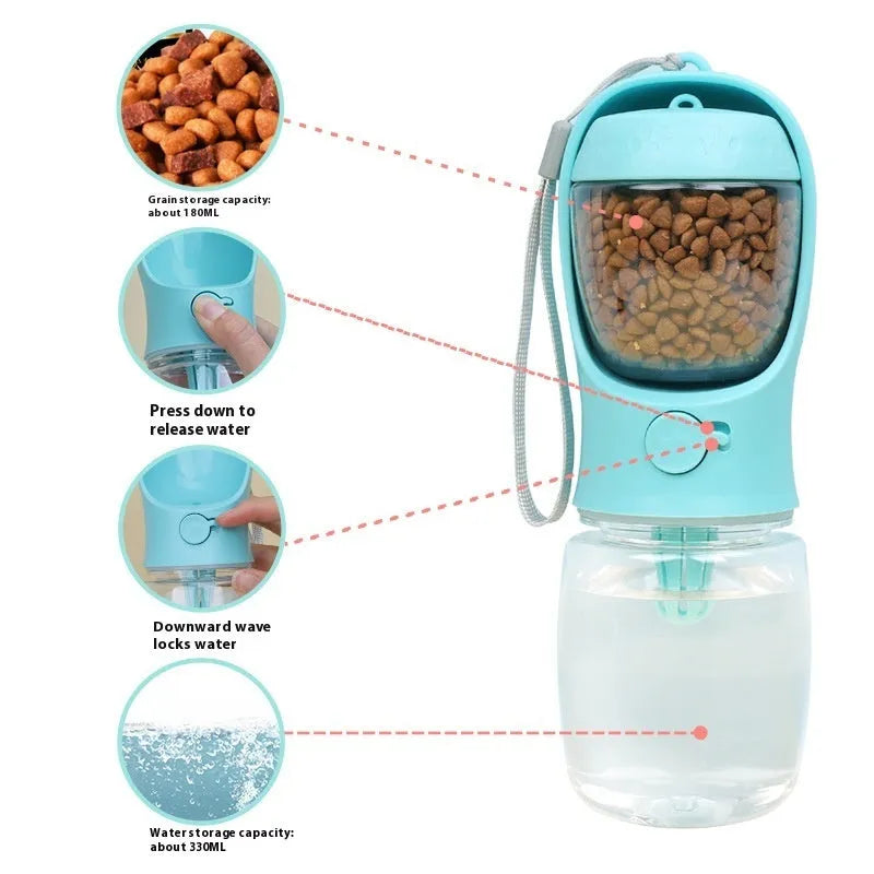 Portable dual-use dog drinking cup showing water dispenser and separate grain bowl compartment