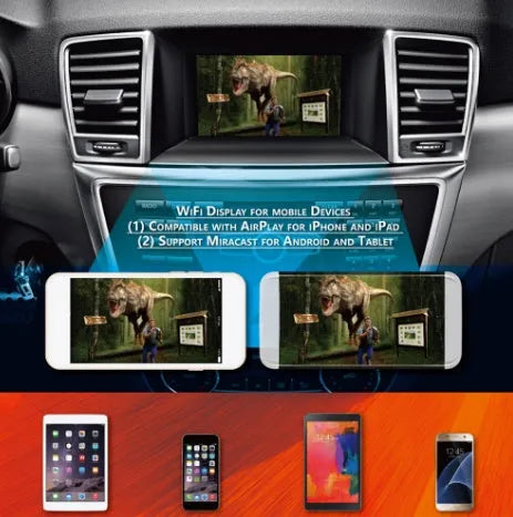 Black Car Mirror Link Box Wi-Fi converter with power cable, AV cable, antenna, and manual