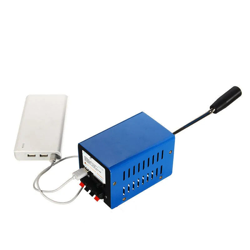Blue metal hand crank emergency generator with USB output ports measuring 125mm long
