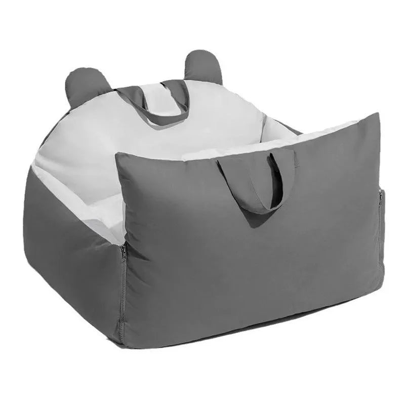 Removable blue beige dog car kennel with PP raw cotton padding, shown in a vehicle boot.