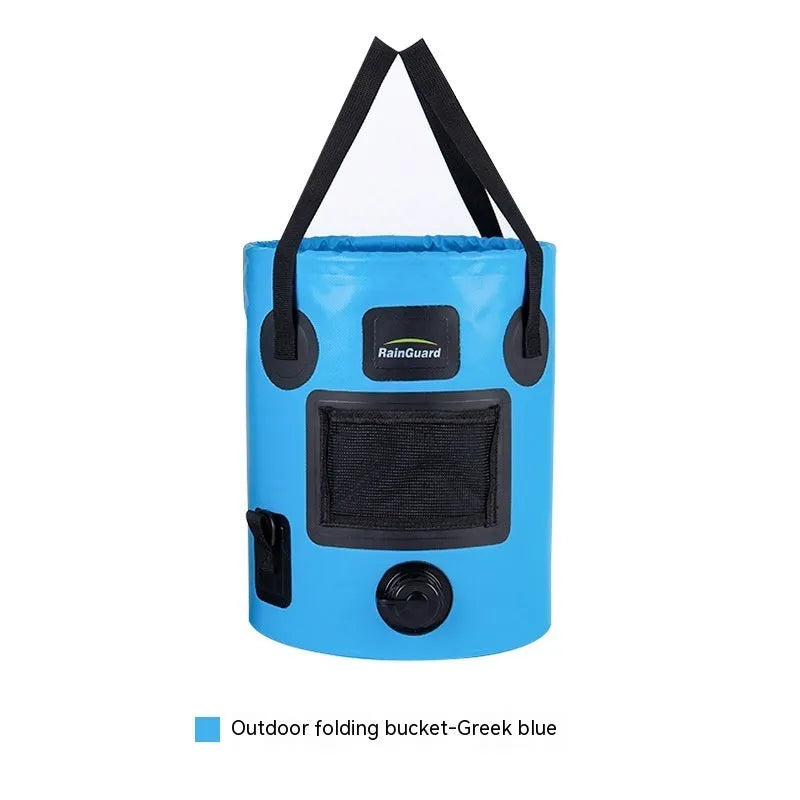 Yellow folding plastic fishing bucket shown open and collapsed, 25 litre capacity.