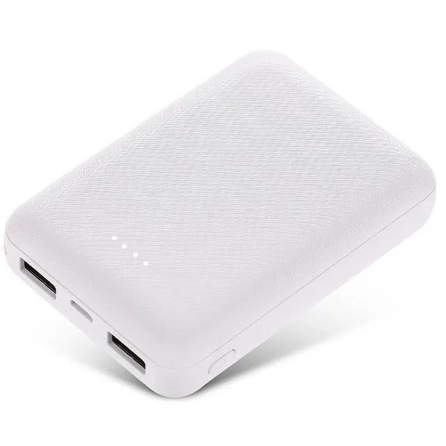 Black or white ultra-thin 10000mAh power bank with multiple USB ports, dimensions 90x63x22mm.