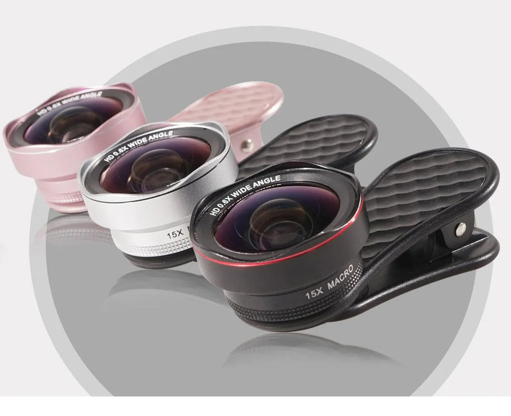 Black smartphone camera lens kit with wide-angle and macro lenses, clip attachment, and storage box