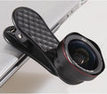 Black smartphone camera lens kit with wide-angle and macro lenses, clip attachment, and storage box