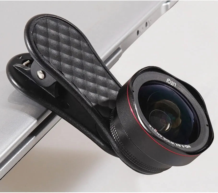 Black smartphone camera lens kit with wide-angle and macro lenses, clip attachment, and storage box