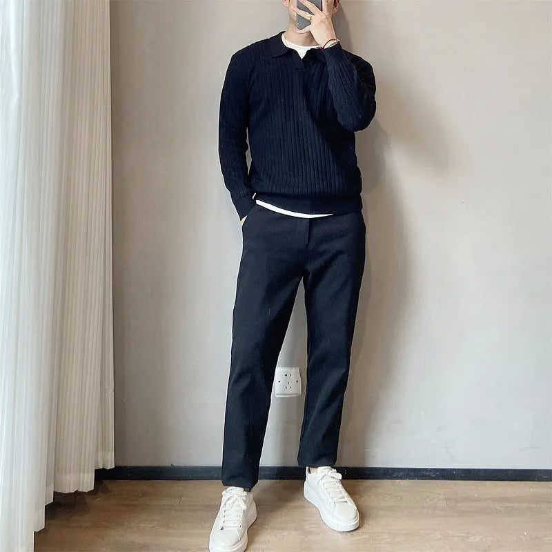 Boys loose elastic knitted sweater in modal fabric with stripe lapel detail
