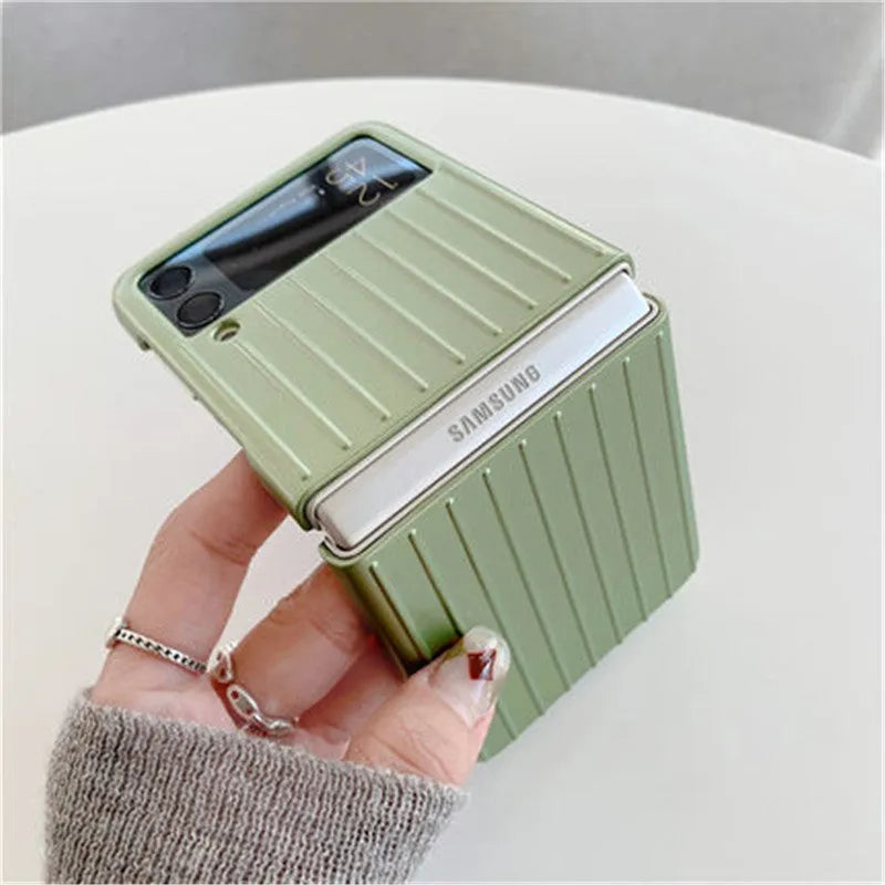 Samsung Z Flip3 ultra-thin flip phone case in seven colour options showing front and back coverage