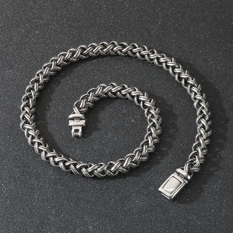 Men's titanium steel geometric keel chain necklace with large hemp flower links in antique silver finish