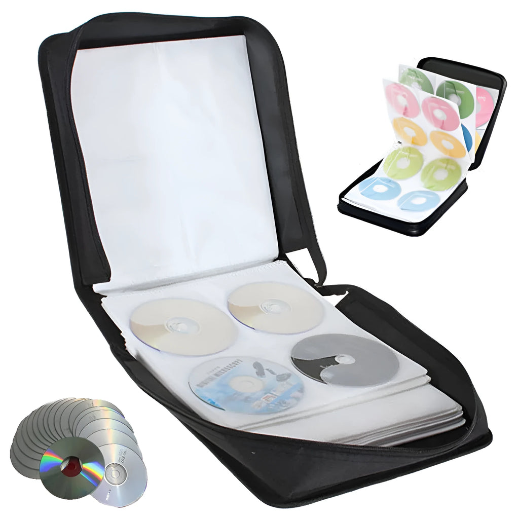 Black Oxford cloth CD DVD storage binder organiser with zipper and top hand strap.