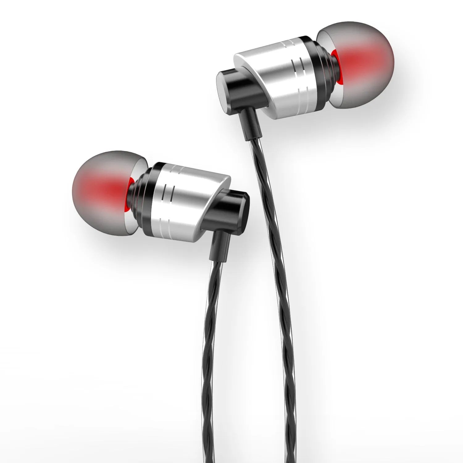 Black wired in-ear headphones with a 3.5mm plug, built-in microphone on the cable, and silicone earpieces.