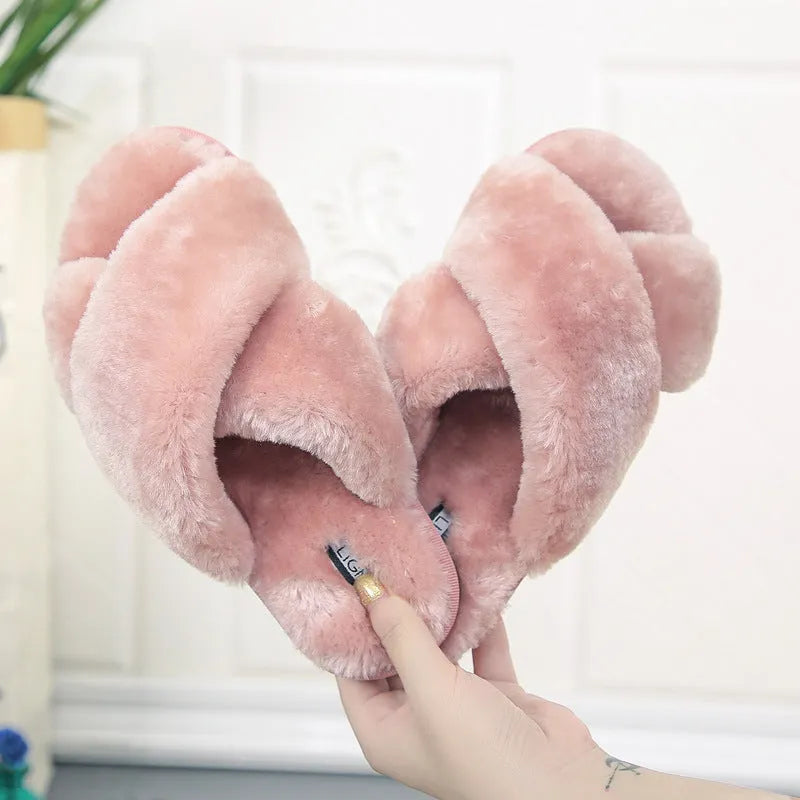 Women's cross open-toe fur slippers in multiple colours with patterned non-slip soles