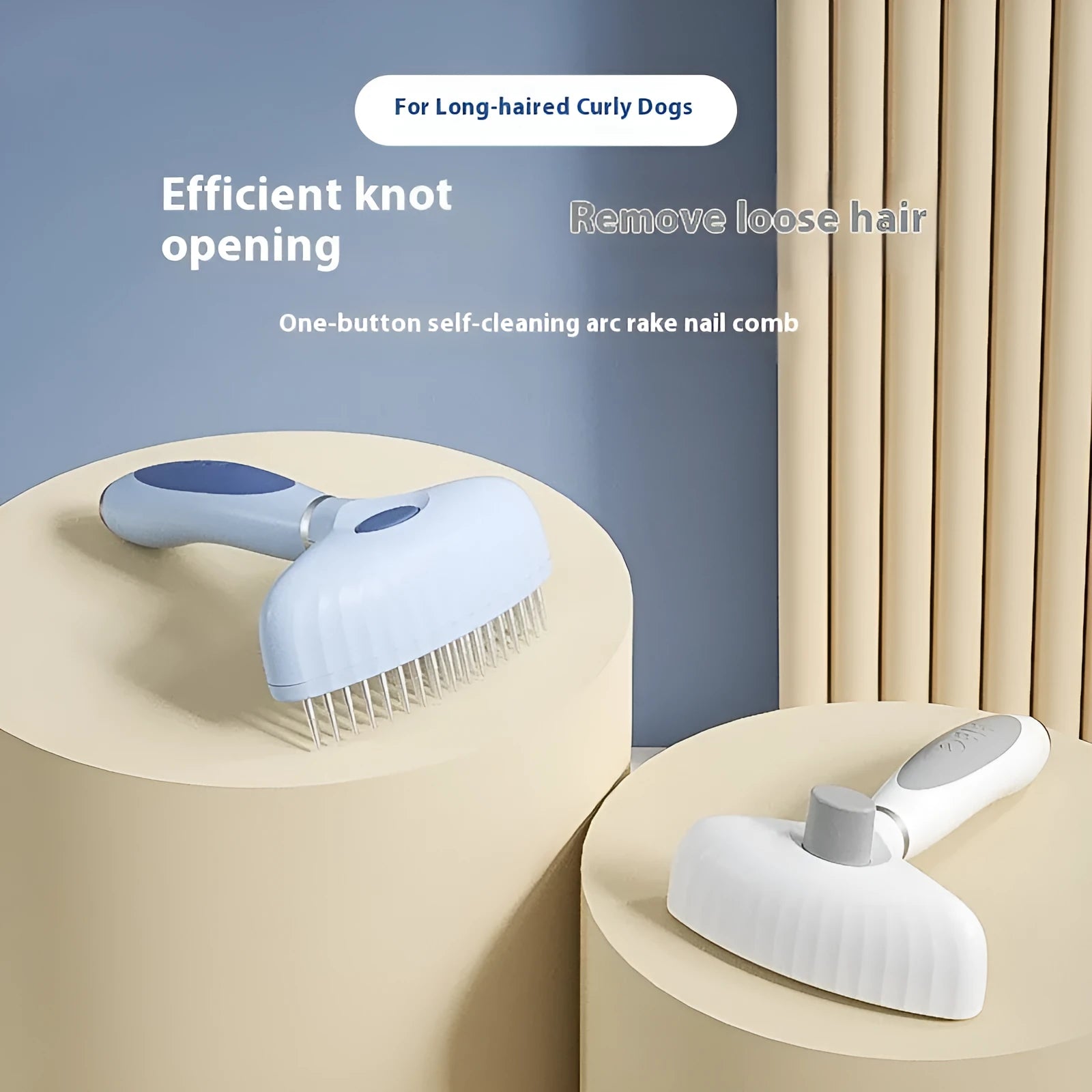 Stainless steel dog grooming comb with double-row teeth in light blue or white colours