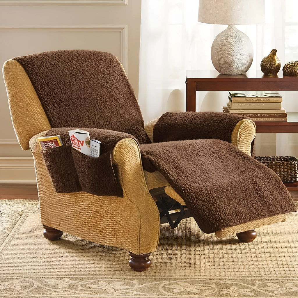 Polyester sofa slipcover with lambswool texture in beige colour covering sofa cushions