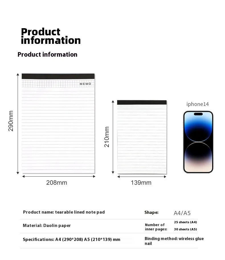 A4 tearable notebook with grid pattern for meeting minutes on ivory white paper