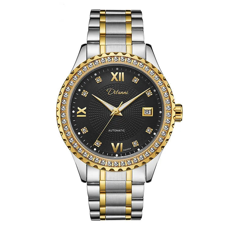Men's gold automatic mechanical watch with black dial and luminous hands, business style waterproof timepiece