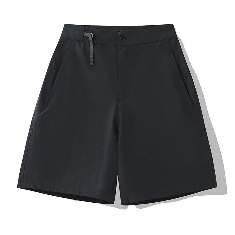 Men's quick-drying nylon spandex sports shorts in khaki colour with elastic waist and 3D cut design.