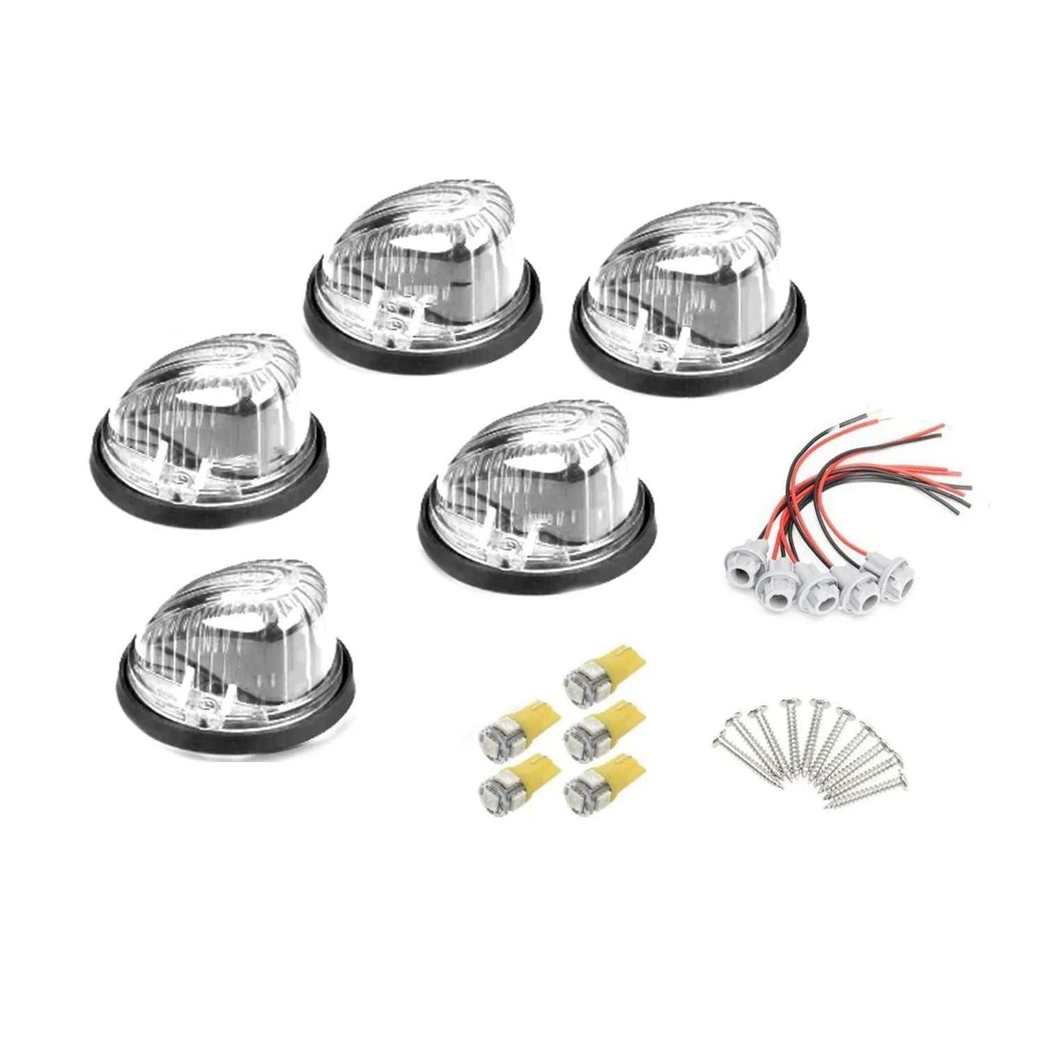 Five yellow LED roof cab marker lights for trucks with bases, bulbs, screws, and wiring sockets.