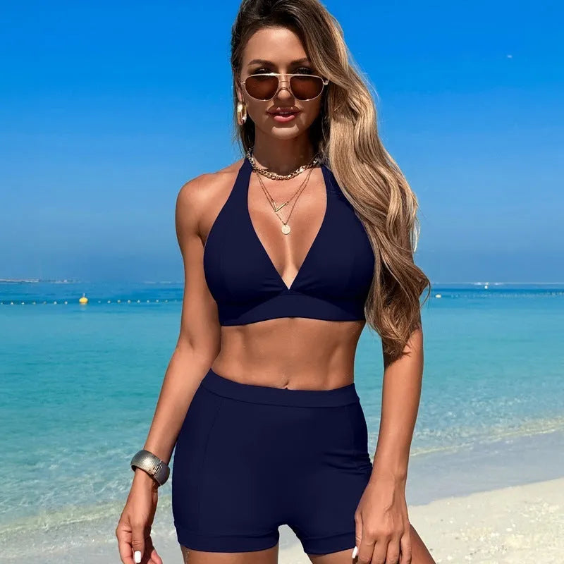 Women's split bikini swimsuit in nylon with polyester lining available in black pink purple blue for hot spring swimming