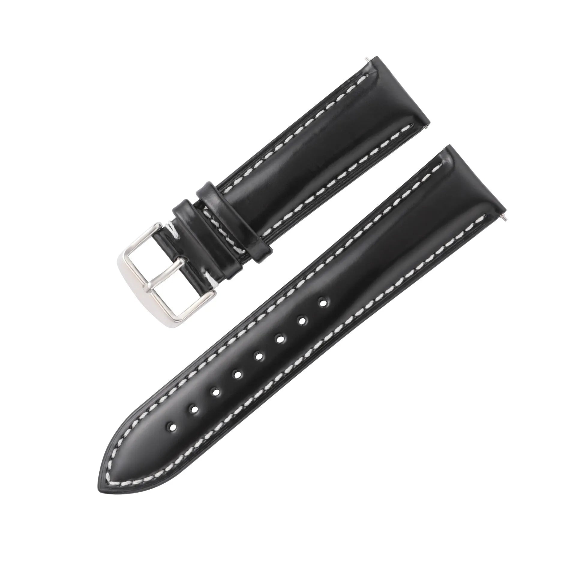 Quick release leather watch strap in bright cowhide, shown in various colours and widths on a watch