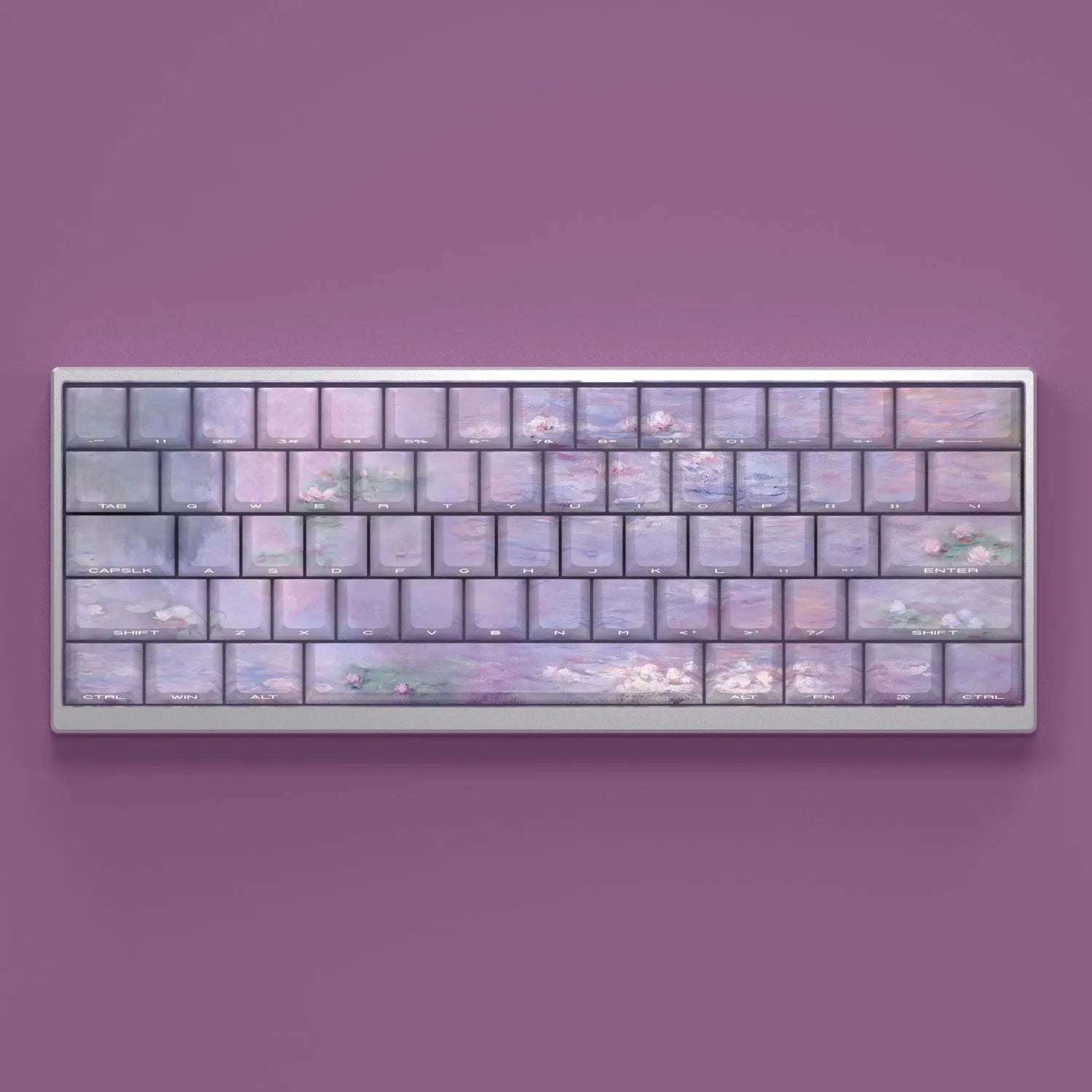 Wenshao Sleeping Lotus PBT key cap set showing side-carved transparent characters and complete 130-key layout