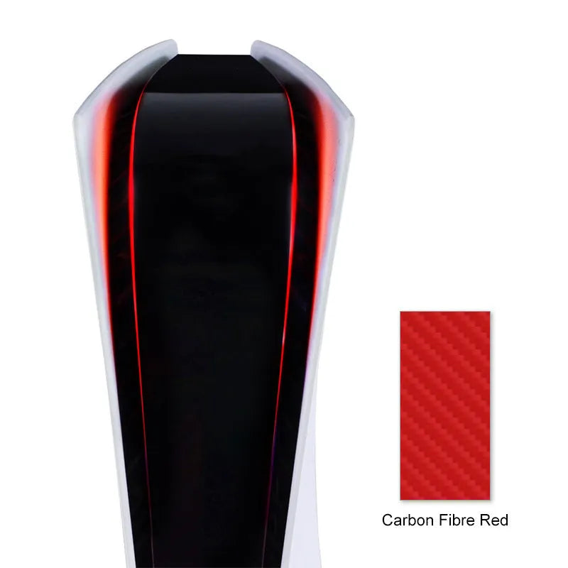 PS5 light bar sticker in carbon fibre pattern showing pink, red, gold, and blue colour options.