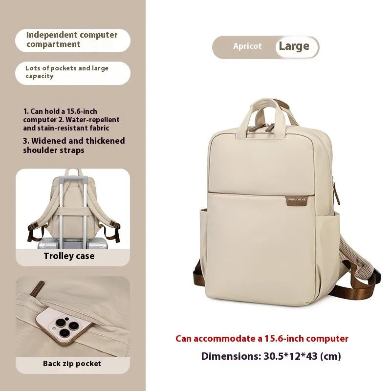 Nylon women's travel backpack in apricot colour showing front pockets and laptop compartment.