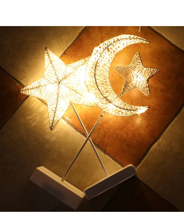 LED string lights with star, heart and moon shapes made from rattan and copper wire for bedroom decoration