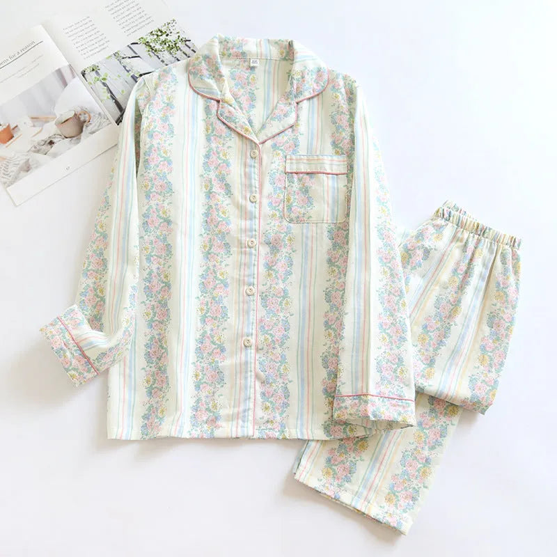 Women's cotton gauze long-sleeved top and trousers homewear set in a colour stripes pattern.