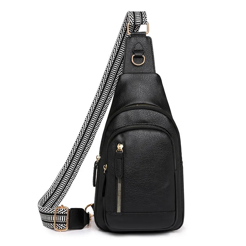 Women's soft brown PU crossbody chest bag showing open outer pocket and street style design
