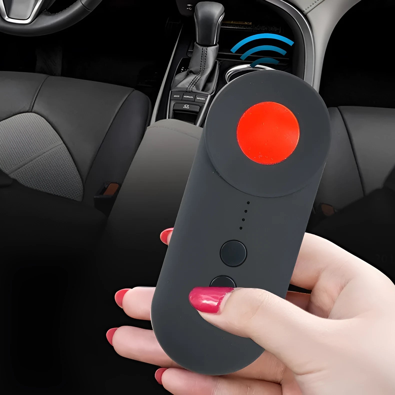 Black GPS signal detector and hidden camera finder with Micro USB port measuring 93.8mm