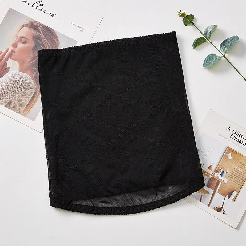 Black mesh belly band with cross waistband design for postpartum waist trimming